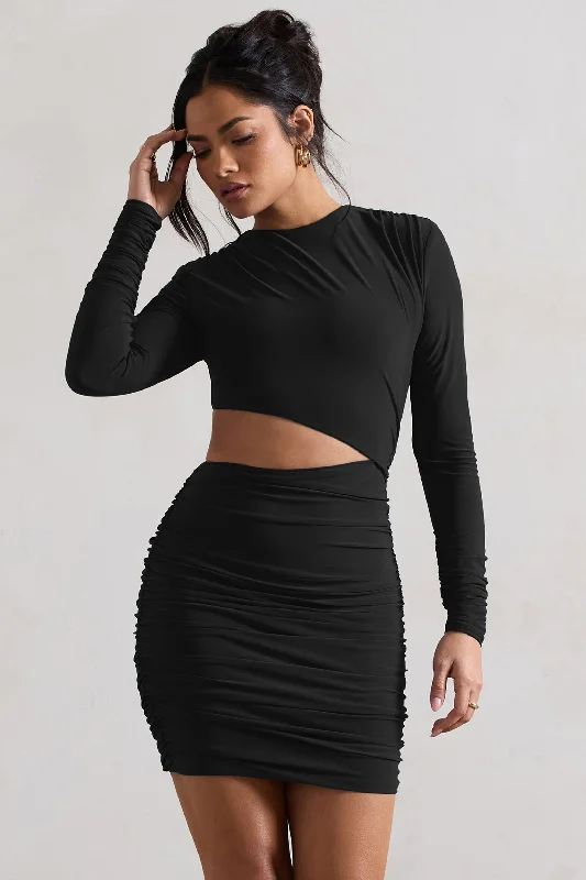 Women's Luxury Apparel Great Deals on Ethnic Cultural Wear Tana | Black Ruched Bodycon Long Sleeve Cut-Out Mini Dress