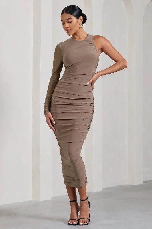 Women's Vacation Clothes Chic Urban Fashion Look Luciene | Mocha Ruched Asymmetric Bodycon Midi Dress With Sheer Sleeve