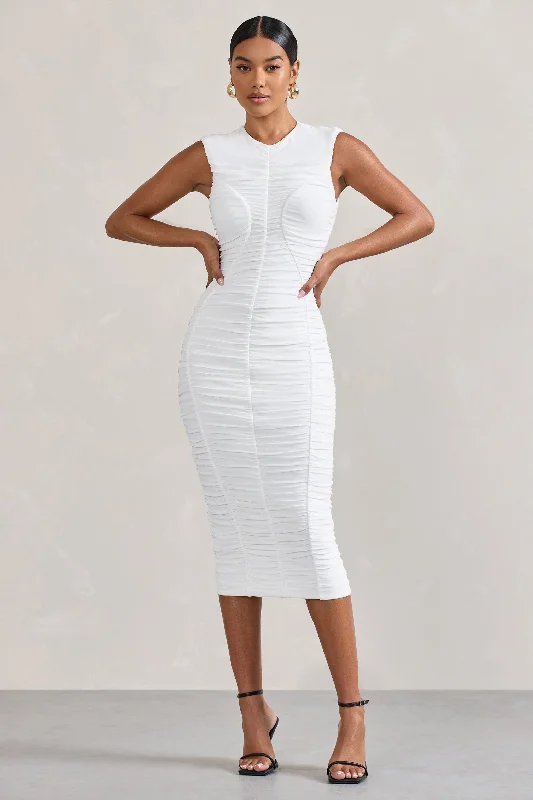 Stylish Women's Clothing Romantic Detailing Alight  | White Ruched Mesh Sleeveless Bodycon Midi Dress