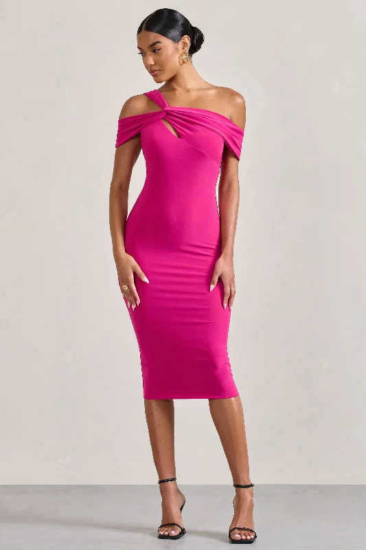 Women's Comfortable Apparel Save on Classic Elegant Styles Chain Reaction | Fuchsia Pink Strappy Asymmetric Bodycon Midi Dress