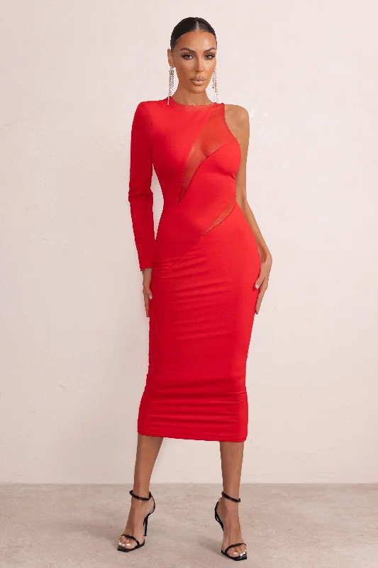 Women's Clothing For Casual Outings Feminine Soft - Hued Look Marya | Red High Neck Asymmetric Mesh Detail Bodycon Midi Dress