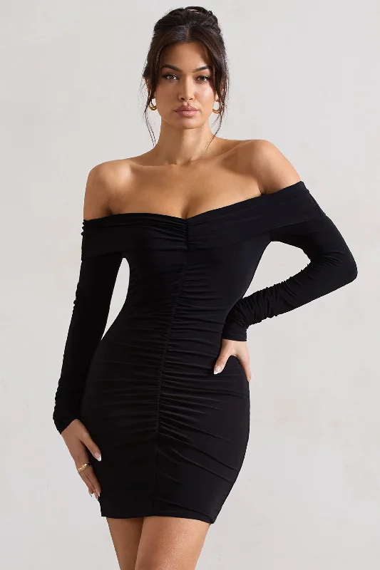 Luxury Women's Clothes Today Only Leola | Black Ruched Bodycon Bardot Long Sleeve Mini Dress