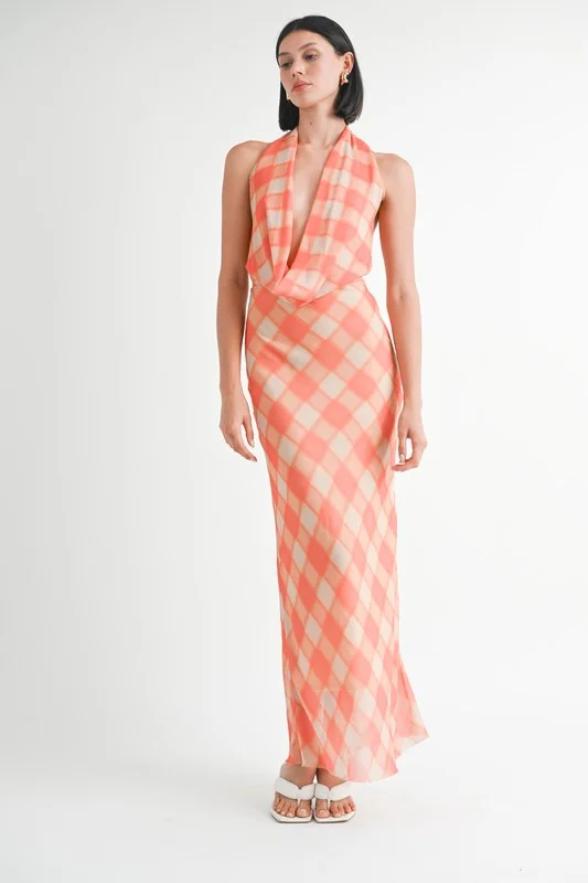 Women's Transitional Clothes Limited - Stock Hot Girl Gingham Glow Open Back Halter Satin Maxi Dress