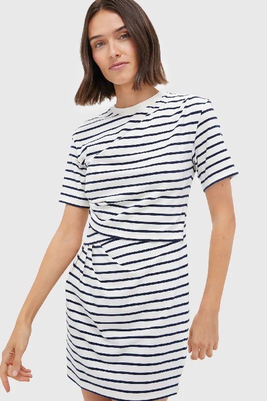 Women's Vacation Garments Casual Weekend Relaxed Style Midnight Stripe Zeus Short Sleeve Draped T-Shirt Dress