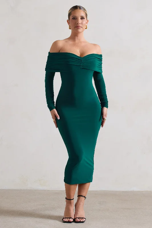 Women's Trendy Activewear Apparel Romantic Detailing Marcella | Bottle Green Bodycon Bardot Midi Dress