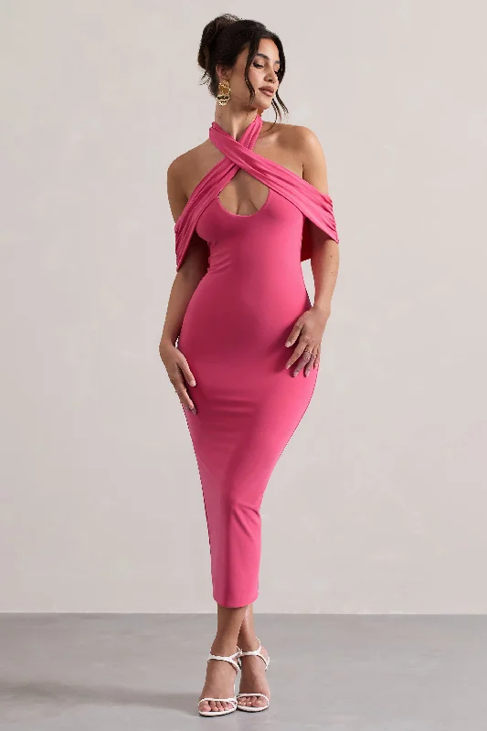 Affordable Women's Clothing Great Deals on Ethnic Cultural Wear Connect | Pink Bodycon Halter-Neck Midi Dress With Cut-Out