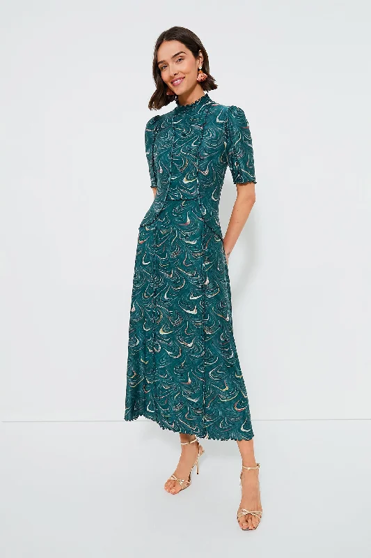 Women's Occasion Wear Apparel Lightweight Fabric Green Amara Marble Print Long Sleeve Dress