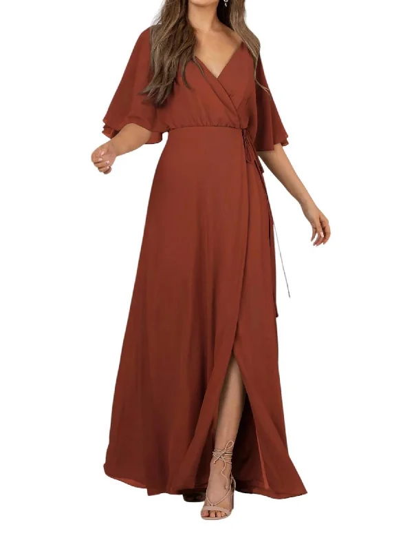 Women's Wardrobe Apparel Feminine Soft - Hued Look Full-Length Bridesmaid Wrap Dress With ¾ Flutter Sleeves In Burnt Orange