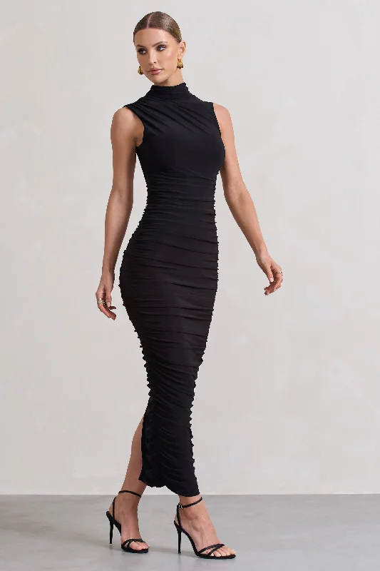 Modern Women's Apparel Casual Elegance Jaded | Black Bodycon Ruched High-Neck Open-Back Maxi Dress