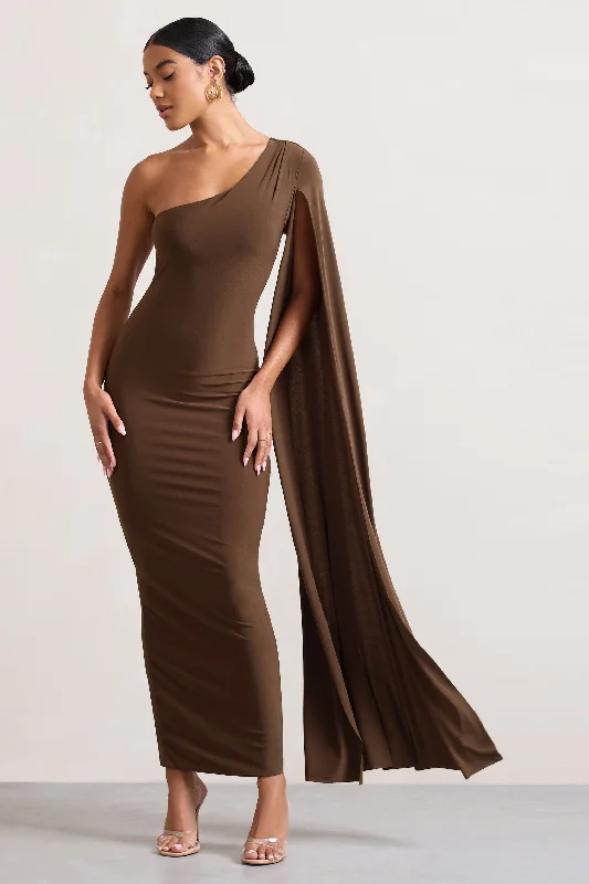 Women's Cozy Clothes Hollywood Glam Award - Show Style Dominique | Chocolate Brown One Shoulder Cape Sleeve Bodycon Maxi Dress