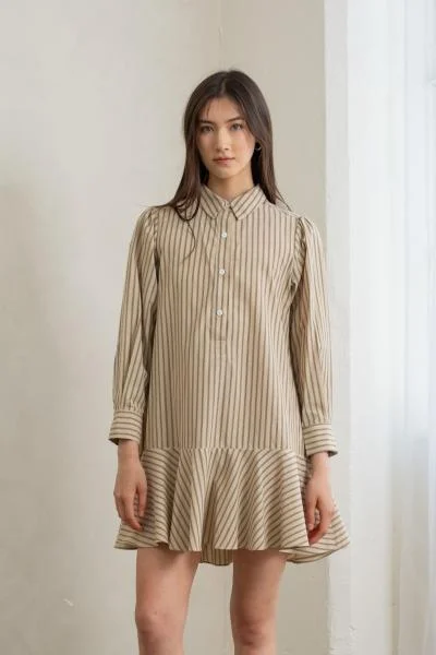 Women's Outerwear Garments Dreamy Draping Cotton Stripe Flare Shirt Dress