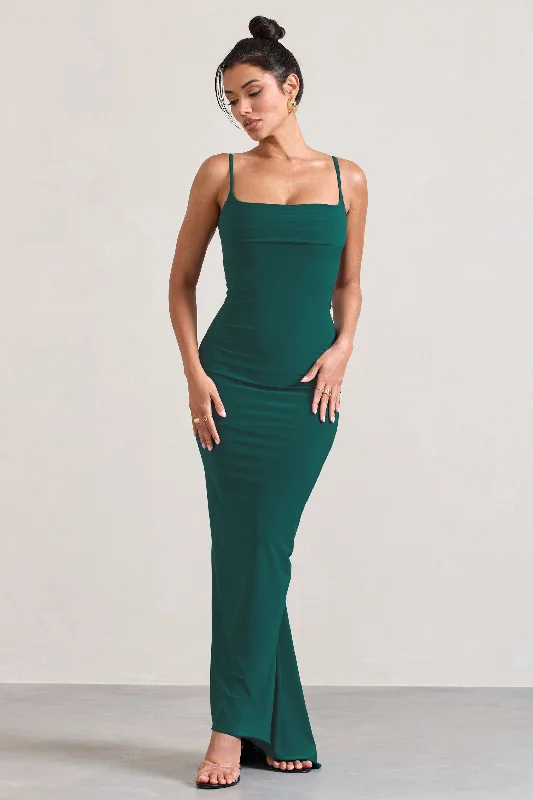 Stylish Clothes For Women Vintage Retro Party Wear Camera One | Bottle Green Strappy Laced Bodycon Maxi Dress