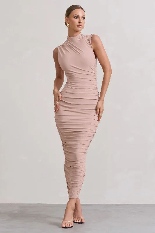 Women's Sporty Clothes Tropical Island - Inspired Attire Jaded | Champagne Bodycon Ruched High-Neck Open-Back Maxi Dress