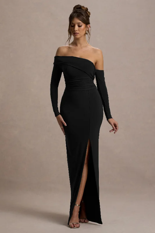 Stylish Women's Clothing Effortless Sophistication Stand Out | Black Bardot Long Sleeve Ruched Maxi With Side Split