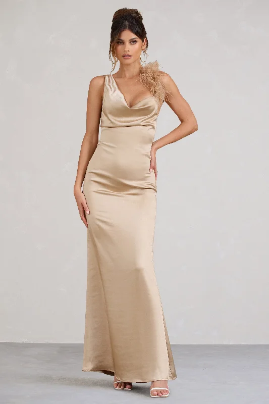 Comfortable Women's Attire End - of - Month Blowout Cherish Me | Gold Satin Asymmetric Cowl Maxi Dress With Feather Strap