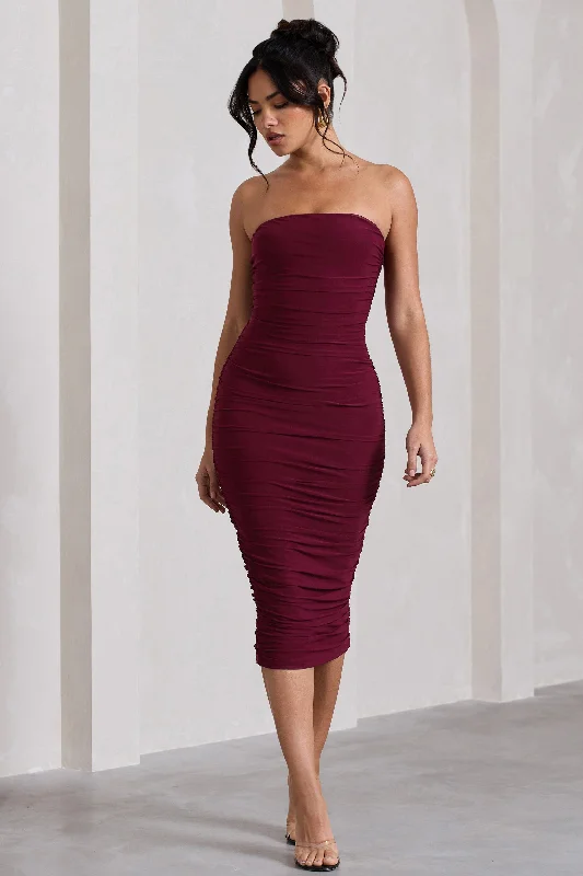 Casual Clothing For Women Vintage Elegance My Girl | Burgundy Bandeau Bodycon Ruched Mesh Midi Dress