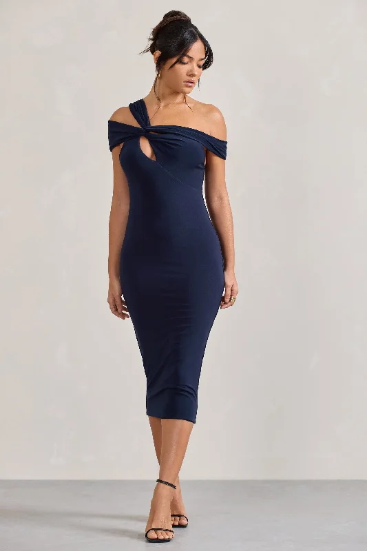 Women's Elegant Apparel Mid - Season Sale Chain Reaction | Navy Strappy Asymmetric Bodycon Midi Dress