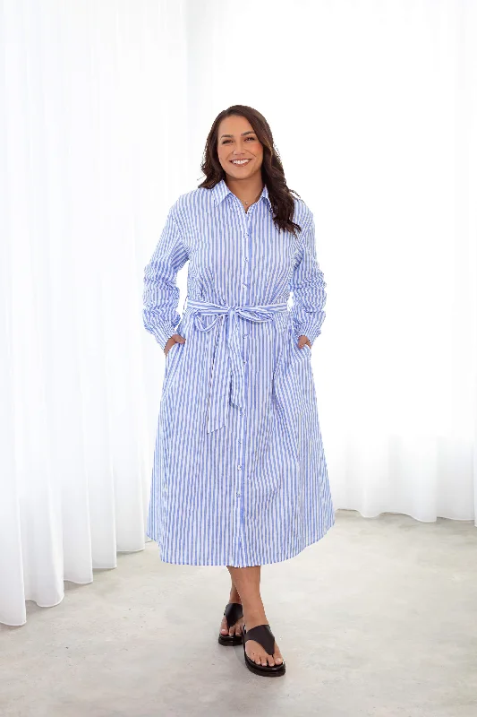 Women's Trendy Attire Luxury Comfort Andrea Cotton Shirt Dress in Blue & White Pinstripe