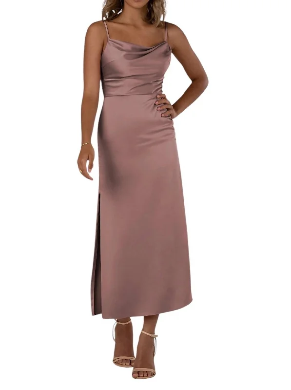 Women's Trendy Apparel Romantic Date - Night Ensemble Tea-Length Charmeuse Bridesmaid Dress With Skirt Slit In Smoky Quartz