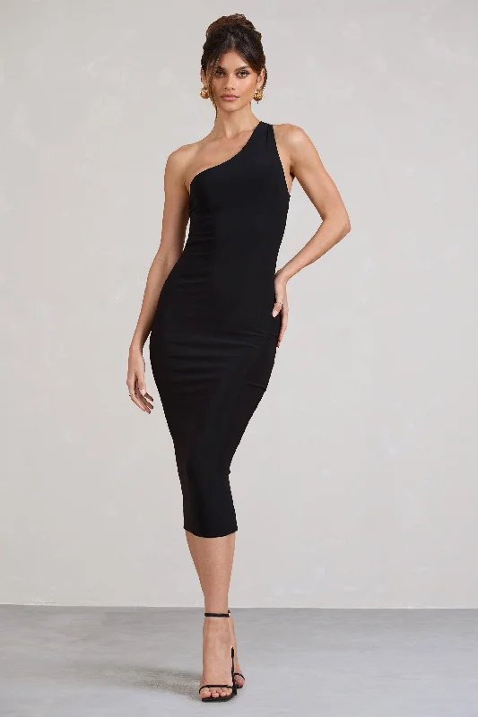 Women's Athletic Apparel Tropical Island - Inspired Attire Vineyard | Black Asymmetric Backless Bodycon Midi Dress