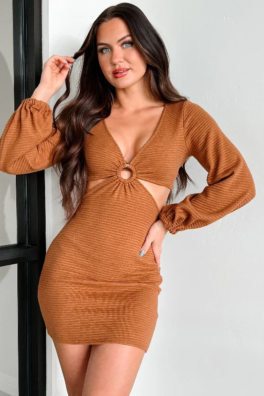 Affordable Trendy Clothes For Women Alluring Design DOORBUSTER Craving Connection Ribbed Long Sleeve Cut-Out Dress (Camel)