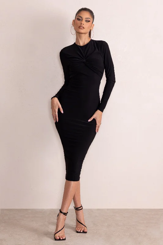 Charming Women's Clothes For Special Events Cottagecore Rustic Charm Style Anna | Black High Neck Twist Front Bodycon Midi Dress With Long Sleeves