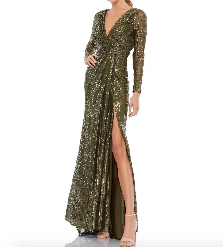 Women's Comfortable Lounge Outfit Casual Weekend Relaxed Style Long Sleeve Sequin Dress in Olive