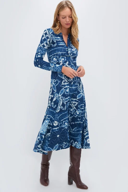 Women's Wardrobe Apparel Feminine Elegance Indigo Shabori Patchwork Rowie Long Sleeve Day Dress