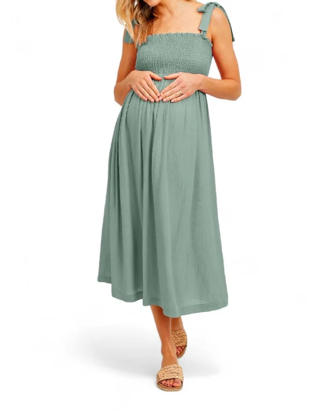 Women's Travel Garments Great Deals on Ethnic Cultural Wear Tie Shoulder Smocked Maternity Midi Dress In Sage