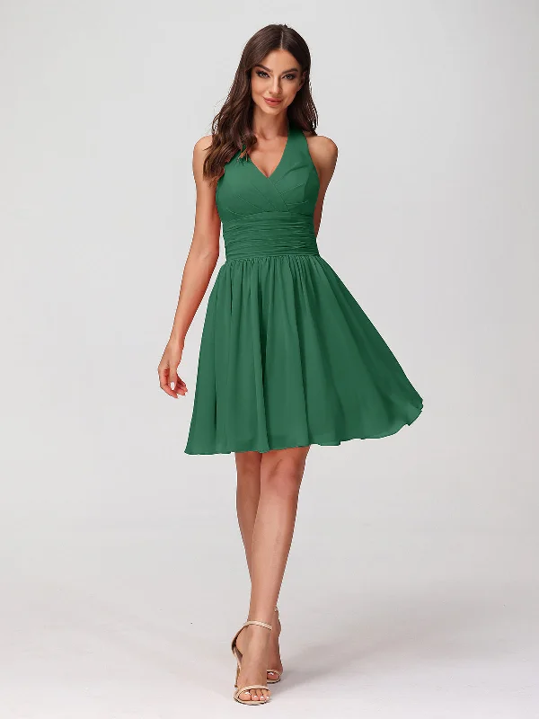 Women's Functional Outdoor Garments Sophisticated Cut Halter V Neck Short Chiffon Bridesmaid Dresses-Dark Green