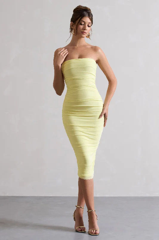 Women's Evening Clothing Classic Charm My Girl | Lemon Strapless Bodycon Ruched Mesh Midi Dress