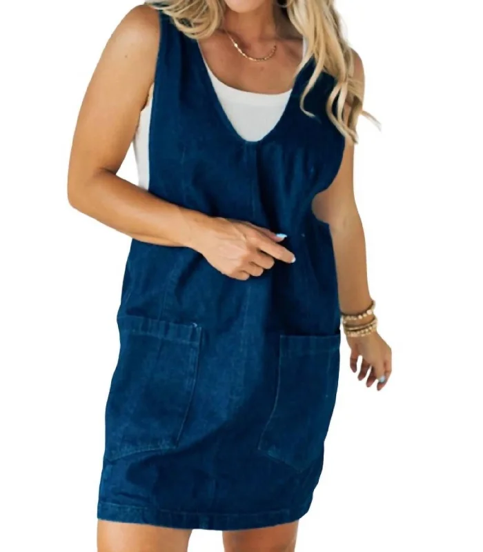 Women's Workout Garments Big Savings on Minimalist Office Styles Denim Dress With Suspenders - 1 Left! In Dark Wash