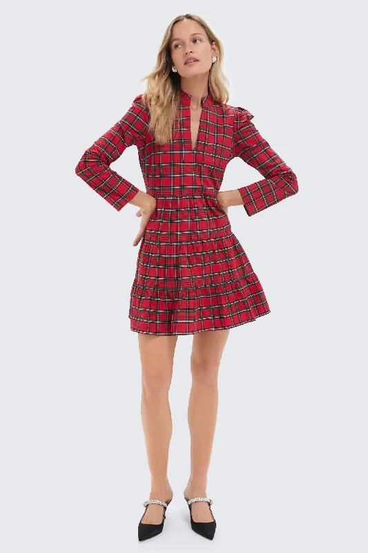 Comfortable Women's Clothes Boho - Chic Festival - Ready Style Red Plaid Long Sleeve Tunic Flare Dress