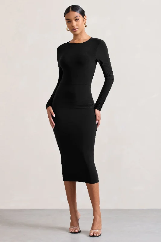 Women's High-Fashion Apparel Charming Silhouette Dynasty Darling | Black Cowl-Back Long-Sleeved Bodycon Midi Dress