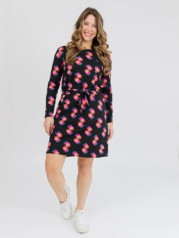 Women's Seasonal Apparel Vibrant Prints Abby Long Sleeve Dress - Memphis Shapes Black