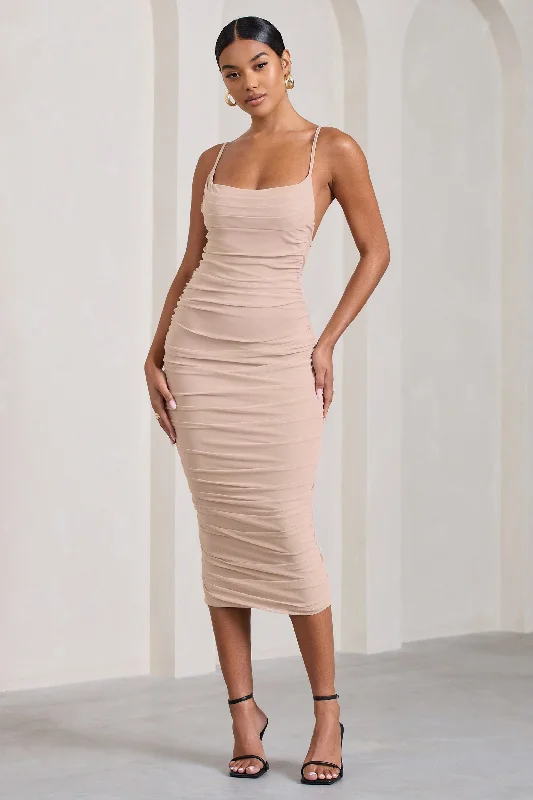 Women's Versatile Apparel Chic Allure Bree | Nude Ruched Mesh Strappy Bodycon Midi Dress