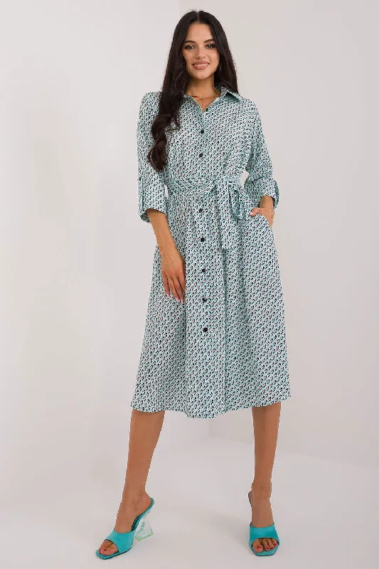 Women's Timeless Attire Charming Silhouette Lakerta Tied Waist Printed Midi Shirt Dress In Aqua