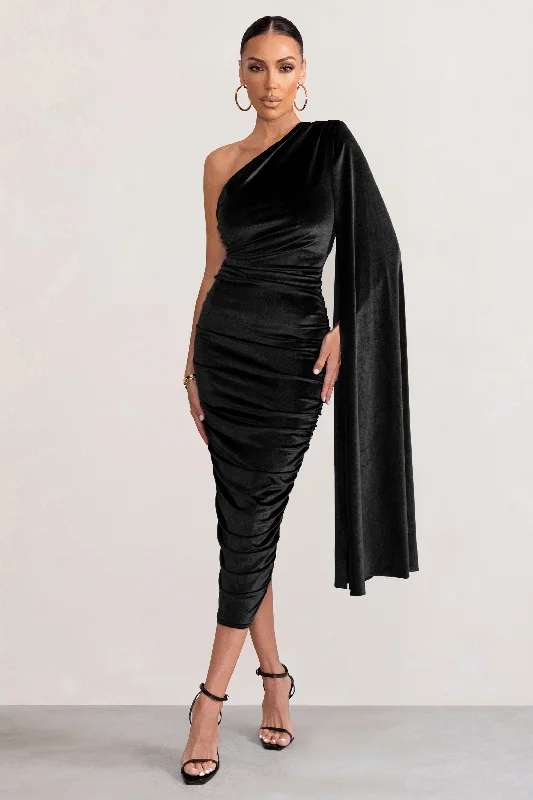 Women's Holiday Clothes Feminine Soft - Hued Look Gianna | Black Velvet One Shoulder Cape Bodycon Midi Dress