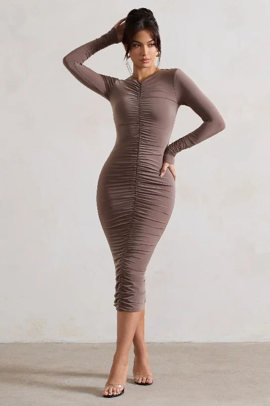 Formal Clothing For Women Feminine Grace Monique | Mocha Ruched Bodycon Midi Dress