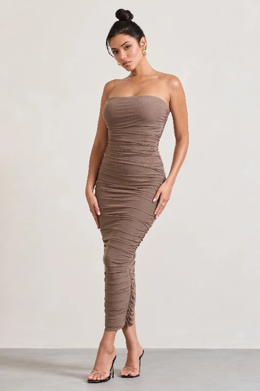 Women's Evening Clothes Ethnic Cultural Event Wear My Lady | Mocha Strapless Bodycon Ruched Mesh Maxi Dress