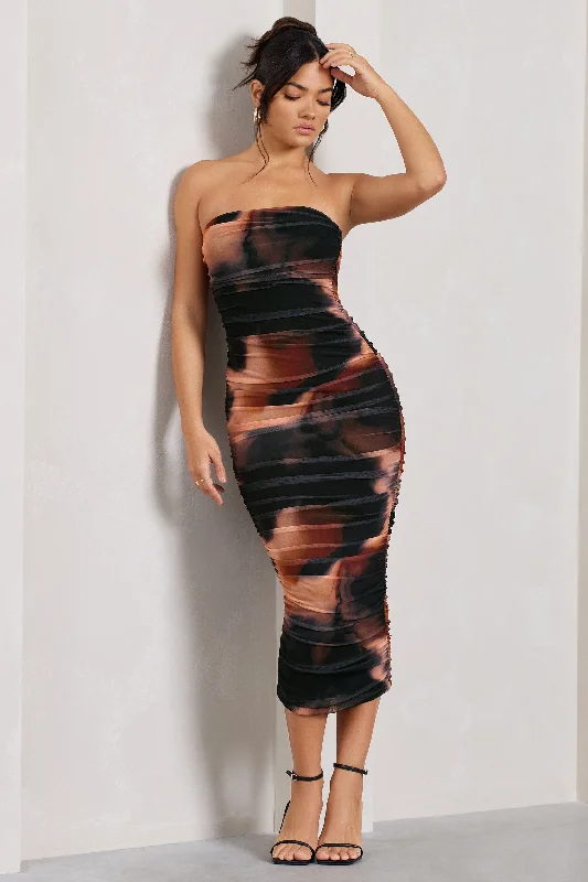 Women's Trendy Casual Clothes Graceful Drape My Girl | Orange Smoke Print Strapless Bodycon Ruched Mesh Midi Dress