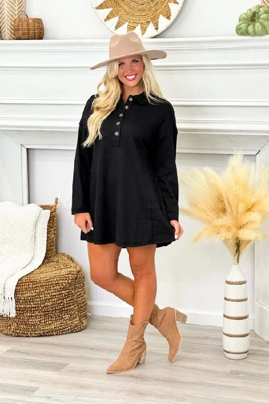 Women's Clothing For Everyday Wear Luxe Layering Black Textured Long Sleeve Button Dress