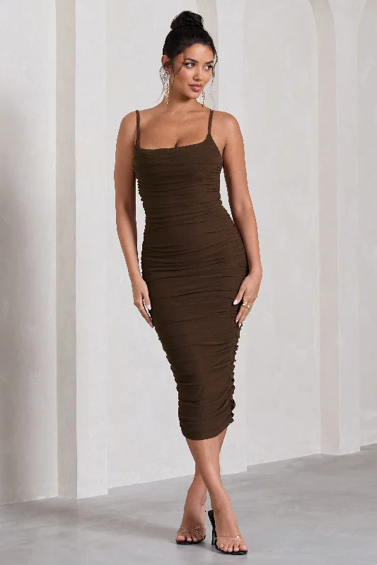 Women's Clothes Fashion-Forward Style Bree | Chocolate Ruched Mesh Strappy Bodycon Midi Dress