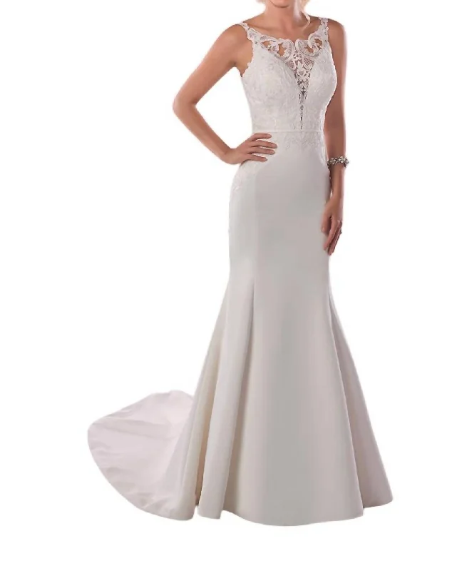 Modern Women's Attire Romantic Date - Night Ensemble Satin Wedding Dress With Illusion Neckline In Ivory