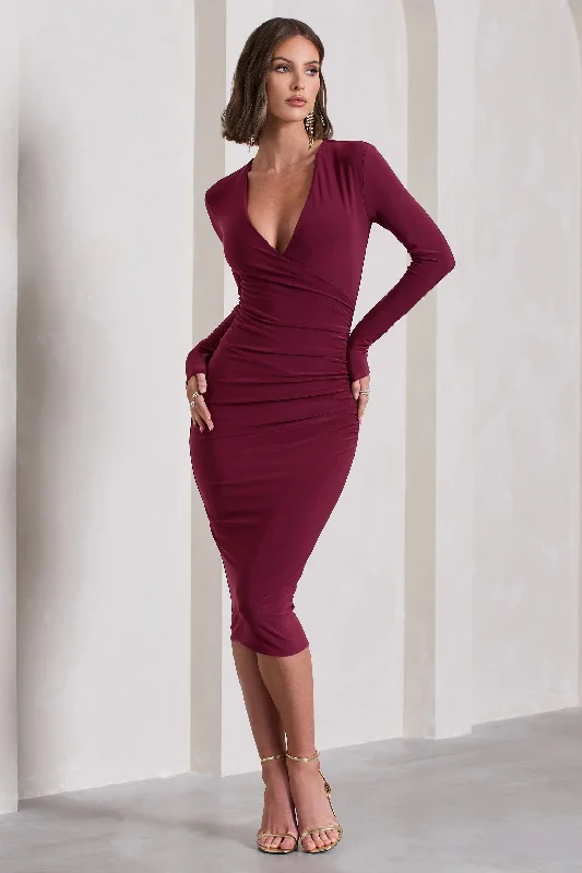 Women's Clothes For Special Occasions Flash Sale Marcia | Burgundy Bodycon Plunge-Neck Midi Dress