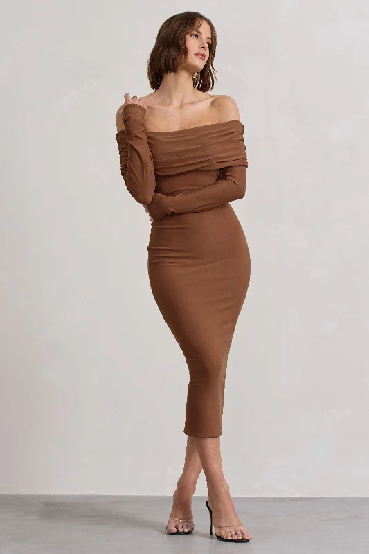 Women's Holiday Clothing Luxe Layering Intercept | Brown Bodycon Bardot Tie-Back Midi Dress