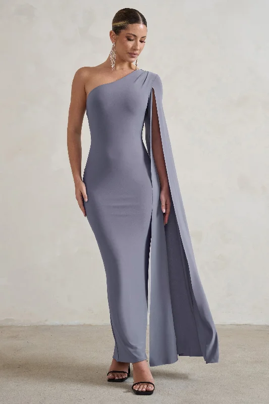 Women's Casual Wear Clothes Nordic Minimalist Home Look Dominique | Grey One Shoulder Cape Sleeve Bodycon Maxi Dress