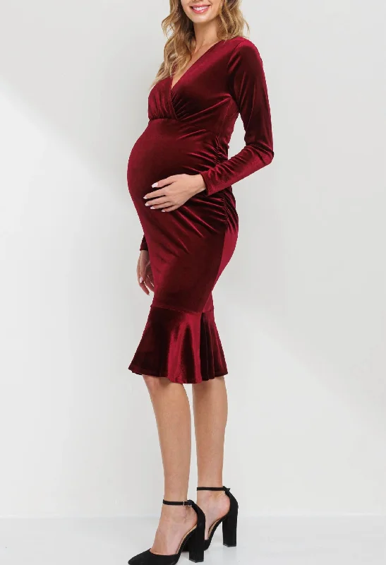 Plus-Size Women's Garments Nordic Minimalist Home Look Velvet V-Neck Mermaid Hem Maternity Dress In Burgandy