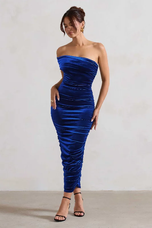 Women's Seasonal Clothes Final Clearance Remember Me | Cobalt Blue Velvet Ruched Asymmetric Bodycon Midi Dress