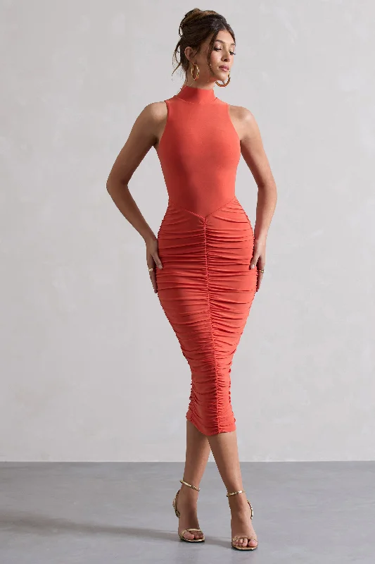 Women's Comfortable Clothes For Weekends Save on Classic Elegant Styles Sidnie | Orange Ruched Bodycon High-Neck Midi Dress